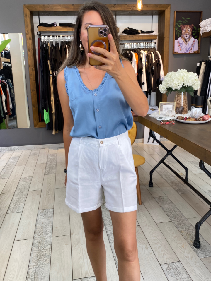 Düğmeli İpek Bluz (Mavi)