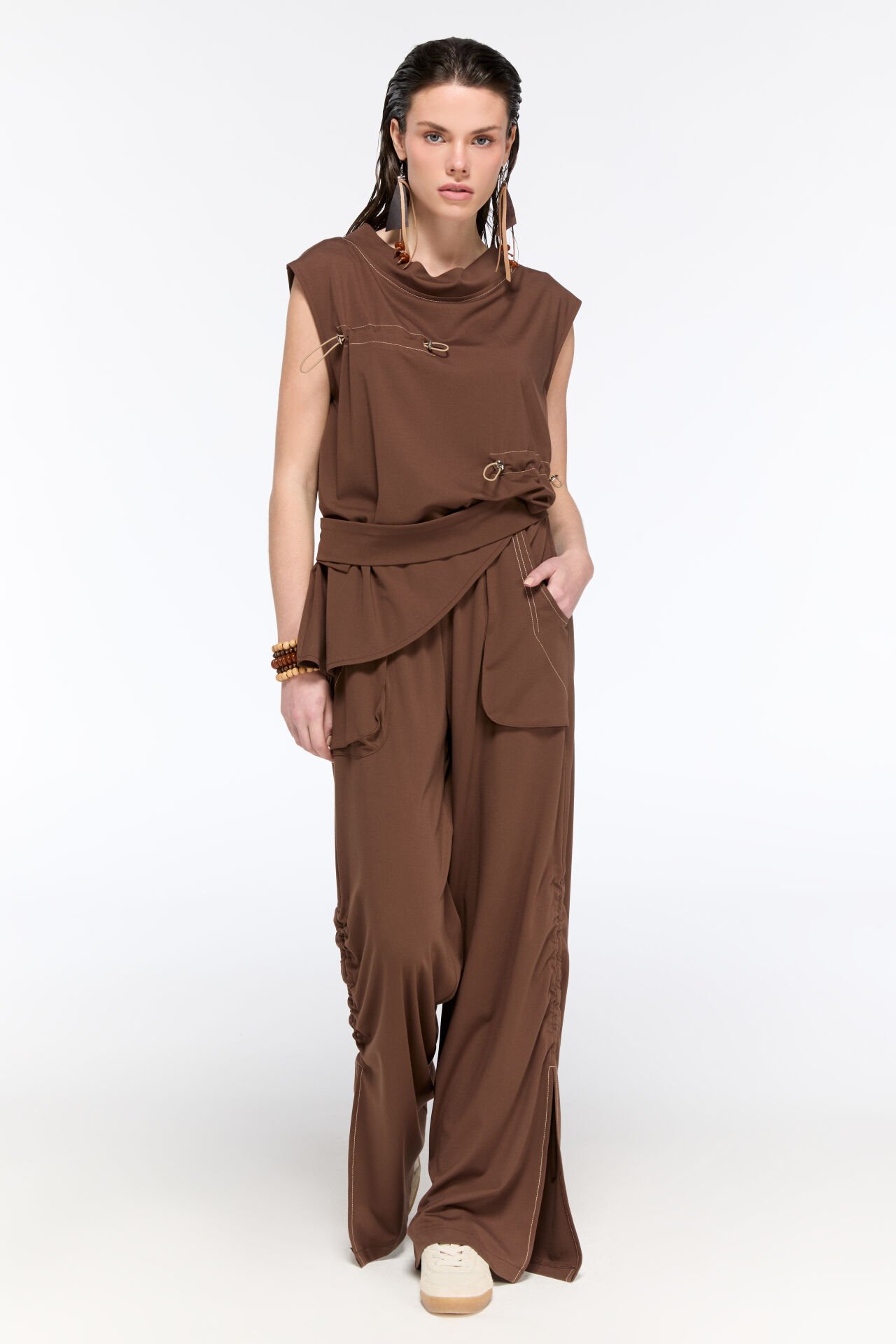 Velora Yanı Büzmeli Pantolon (kahve)