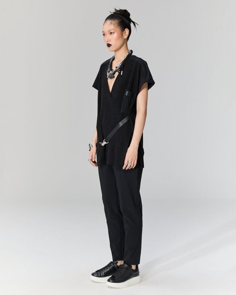 Piper Kemerli  Kolsuz Triko Bluz (Siyah)