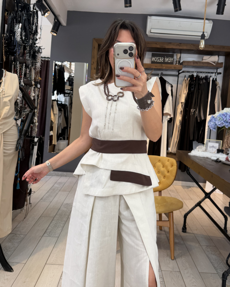 Vionna Kemerli Keten Bluz (kum)