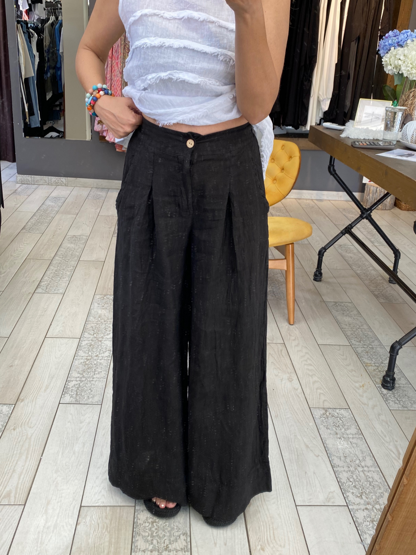 Elena Bol Paça Keten Pantolon (siyah)