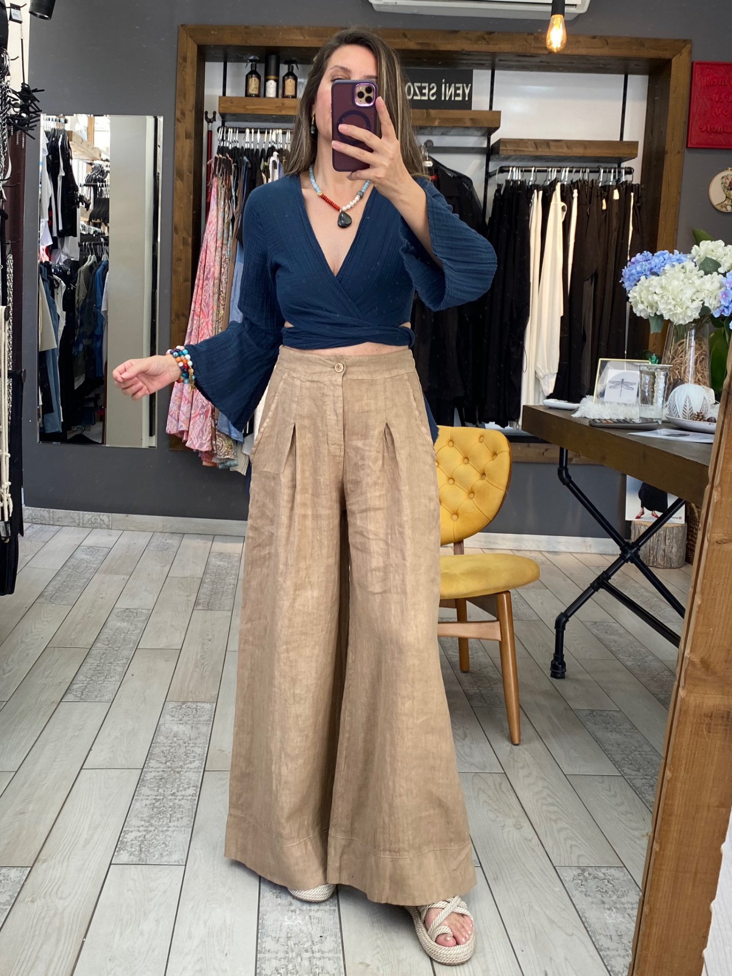 Elena Bol Paça Keten Pantolon (camel)