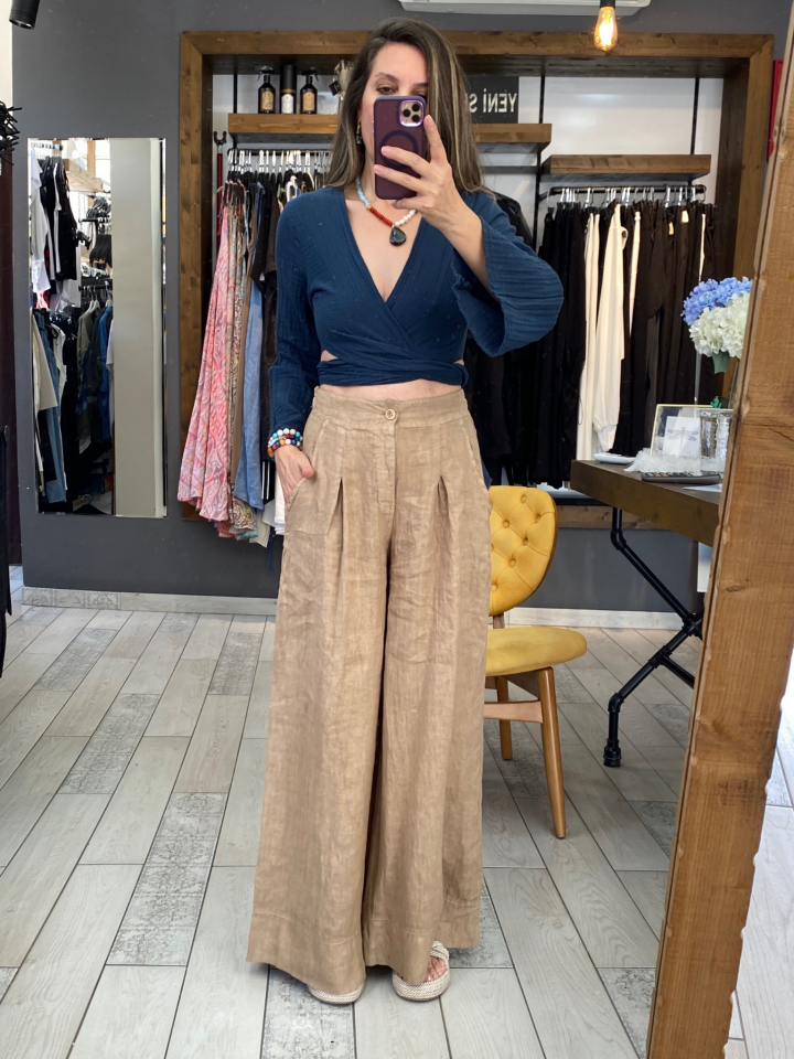 Elena Bol Paça Keten Pantolon (camel)