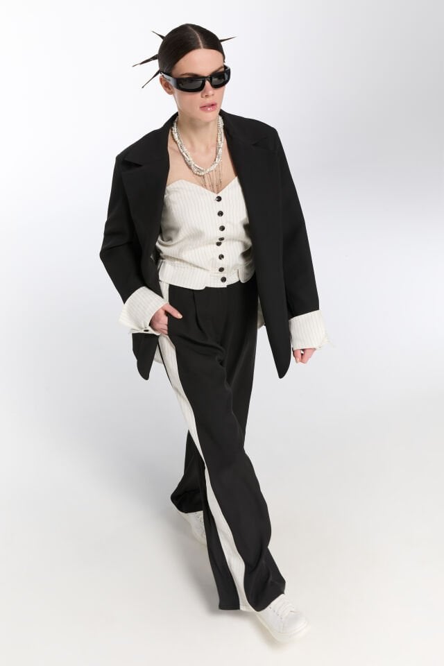 Valen Yanı Şeritli Palazzo Pantolon (siyah)