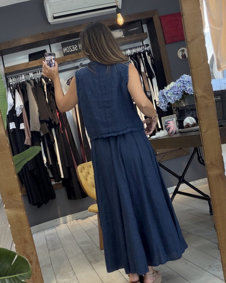 Derin Kup Dikişli Keten Etek (lacivert)