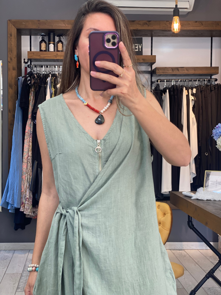 Fermuar Detaylı Keten Tulum (Mint)