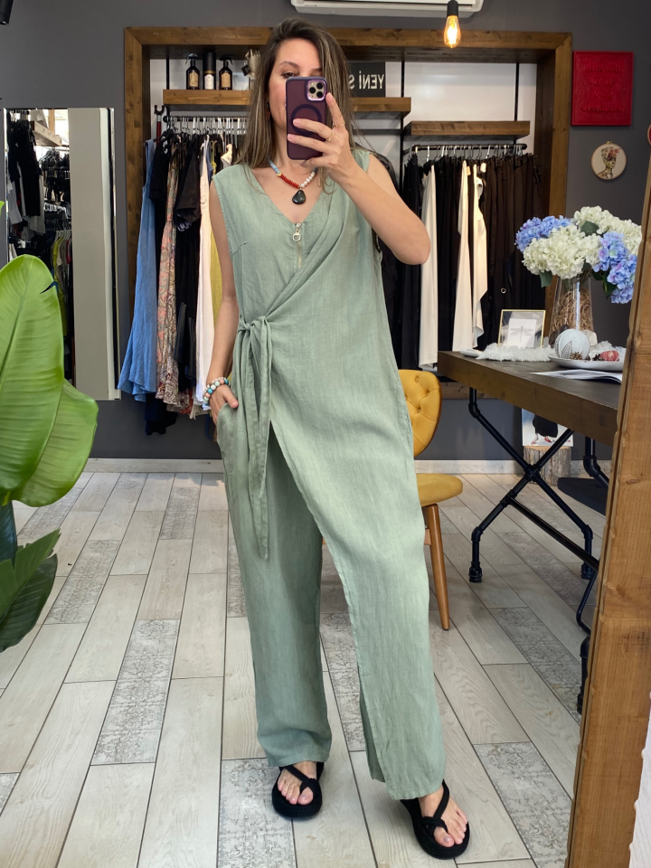 Fermuar Detaylı Keten Tulum (Mint)