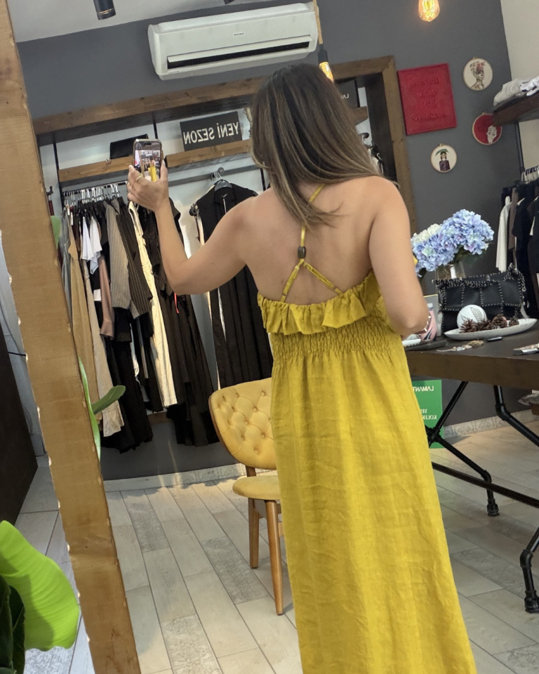 Lindez Volanlı Keten Elbise (hardal sarı)