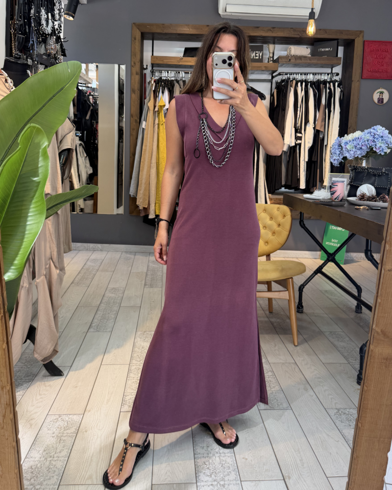 V Yaka Yırtmaçlı Rahat Elbise (mürdüm)