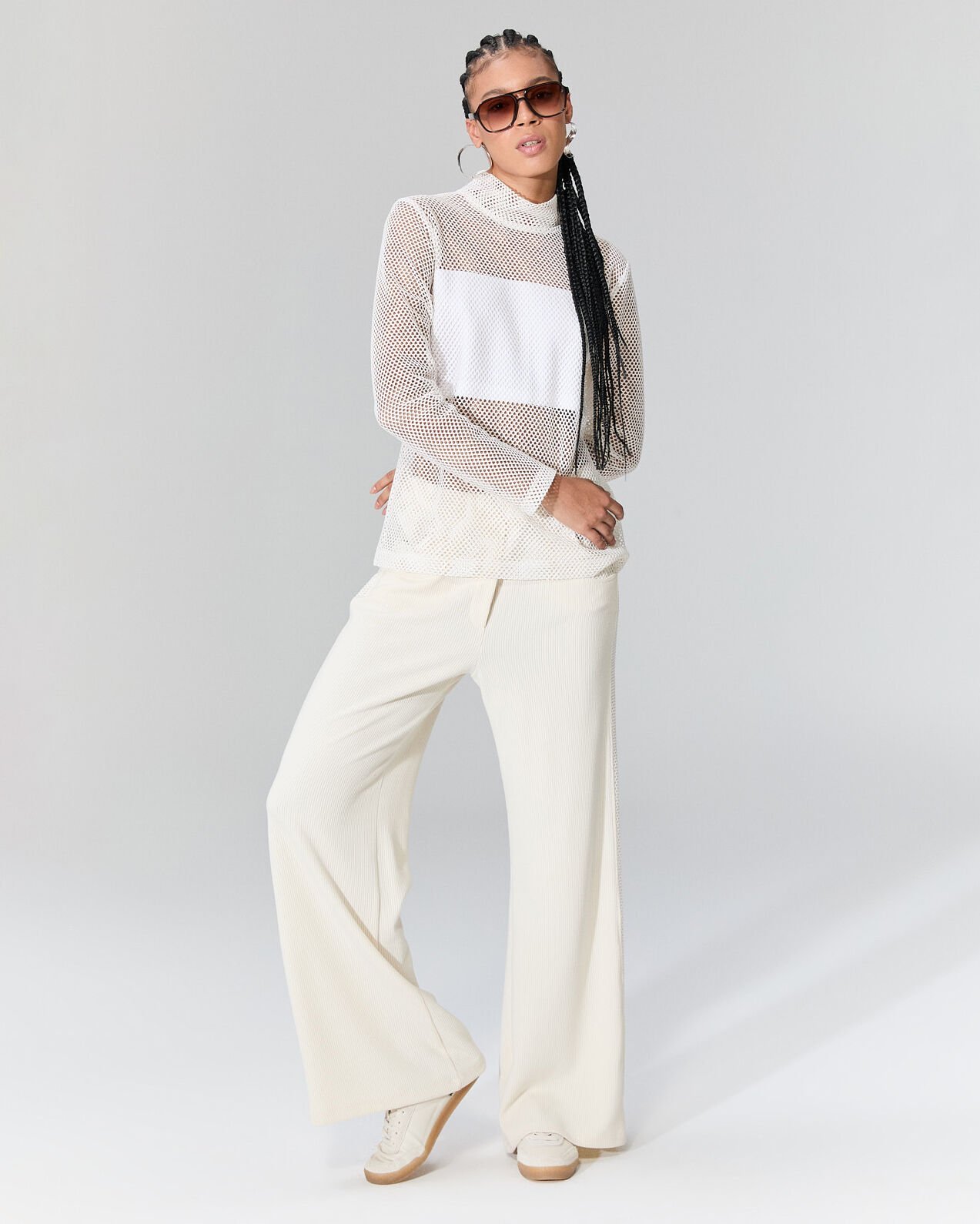 Kumaş Bloklu File Bluz (beyaz)