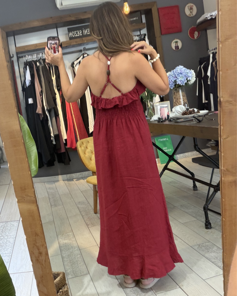 Lindez Volanlı Keten Elbise (bordo)