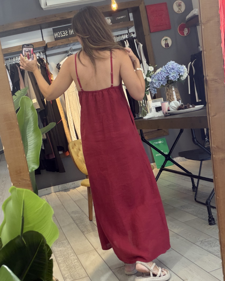 Lena İp Askılı Keten Elbise (bordo)