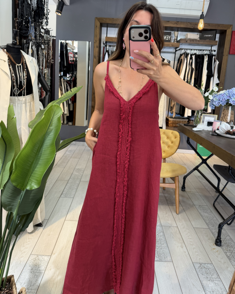 Lena İp Askılı Keten Elbise (bordo)