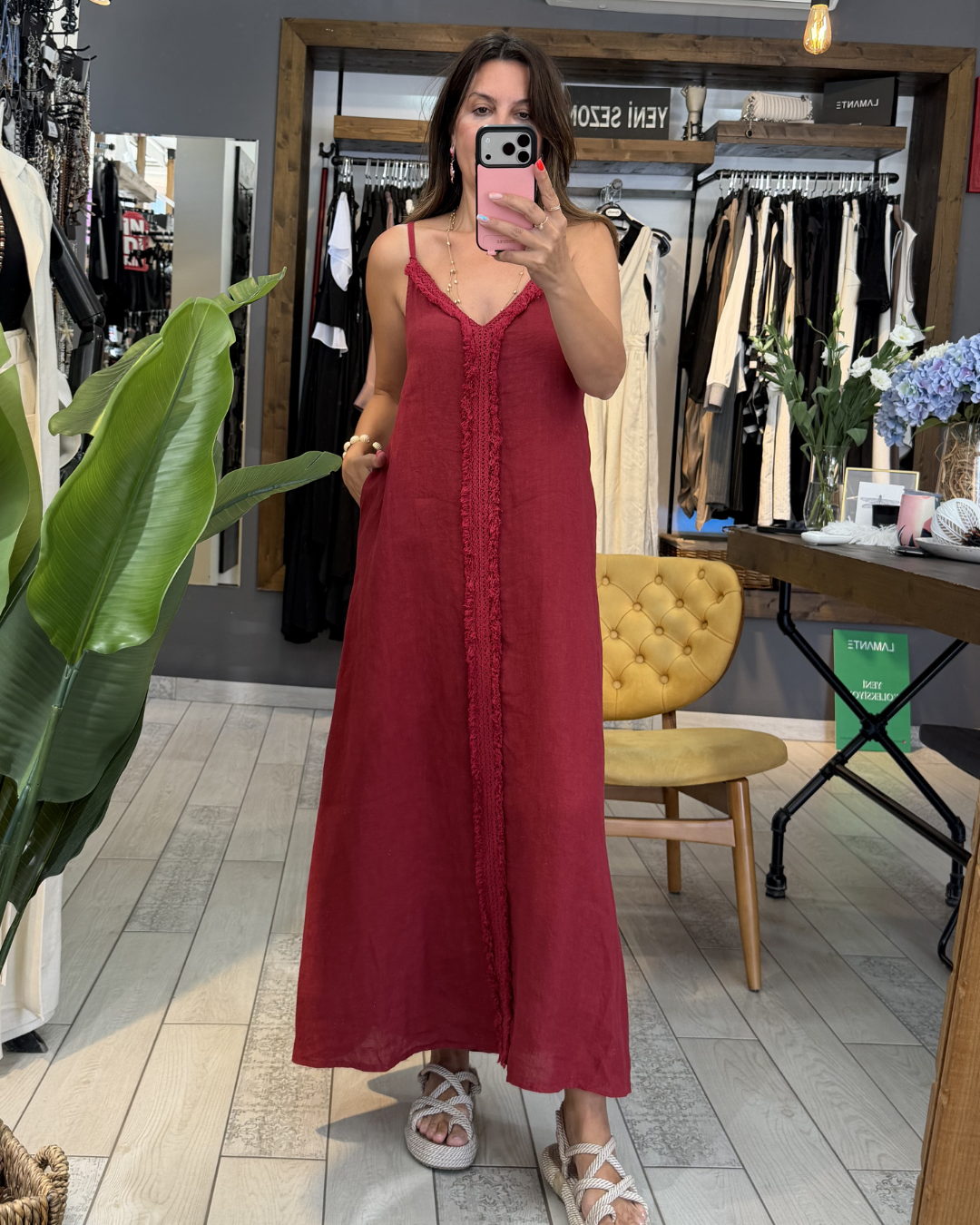 Lena İp Askılı Keten Elbise (bordo)