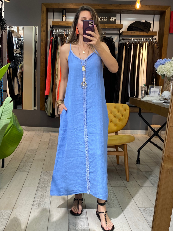 Lena Askılı Keten Elbise (mavi)