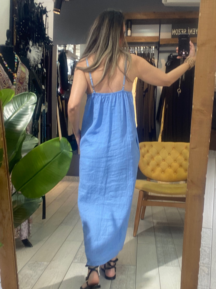 Lena Askılı Keten Elbise (mavi)