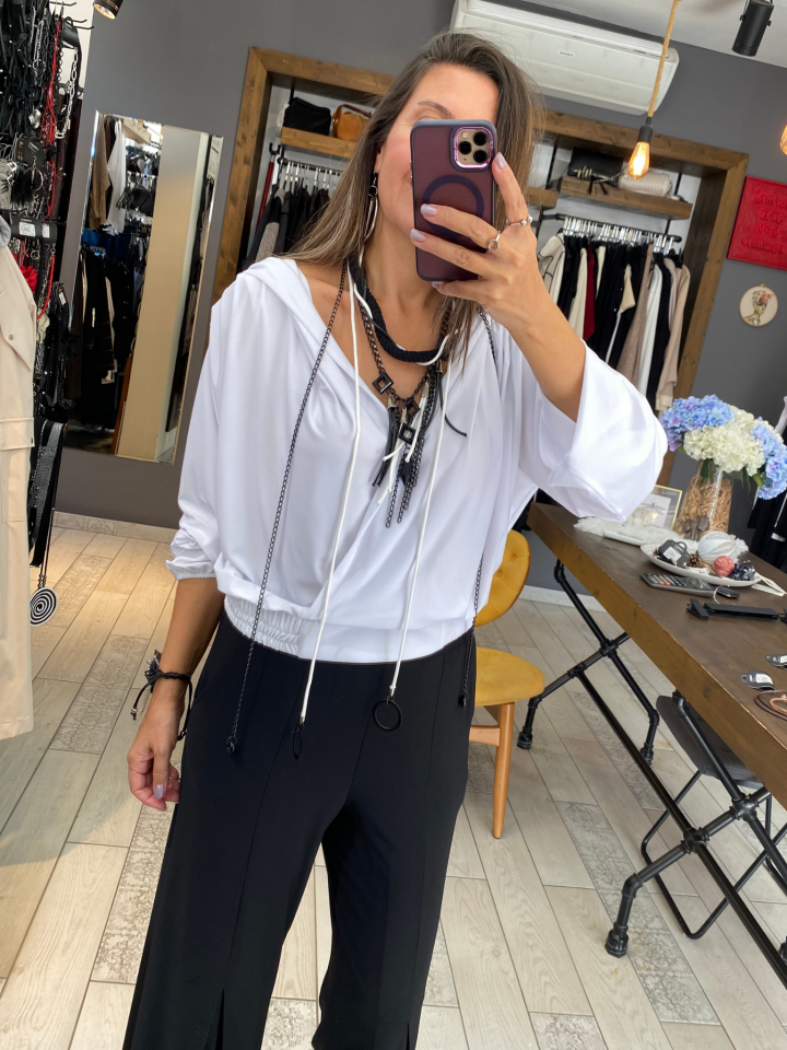 Kruvaze Kapüşonlu Sandy Bluz (beyaz)