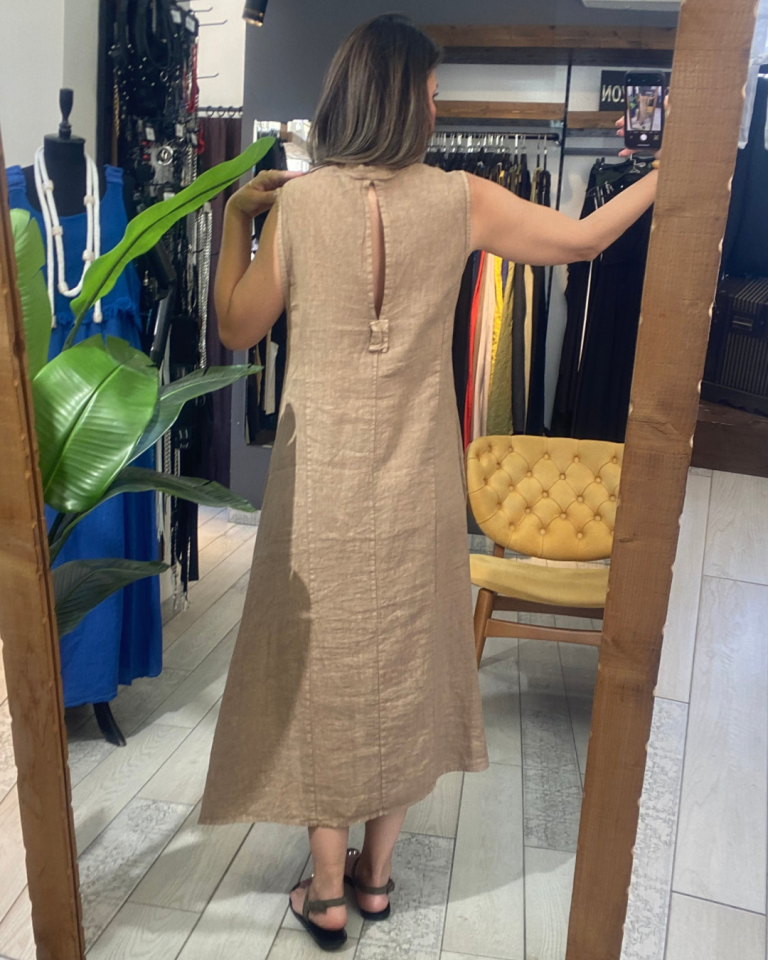 V Yaka Rahat Keten Elbise (camel)