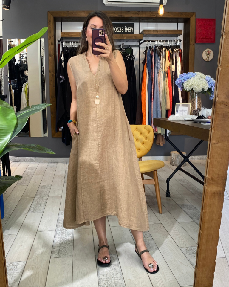 V Yaka Rahat Keten Elbise (camel)