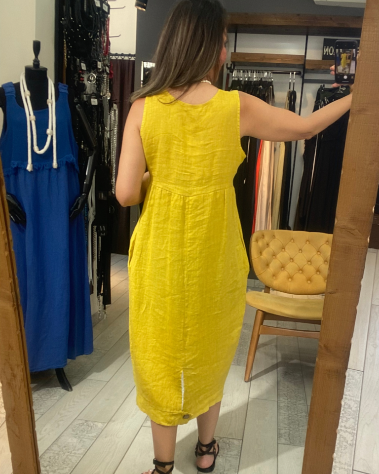Kare Yaka Keten Elbise (olive)