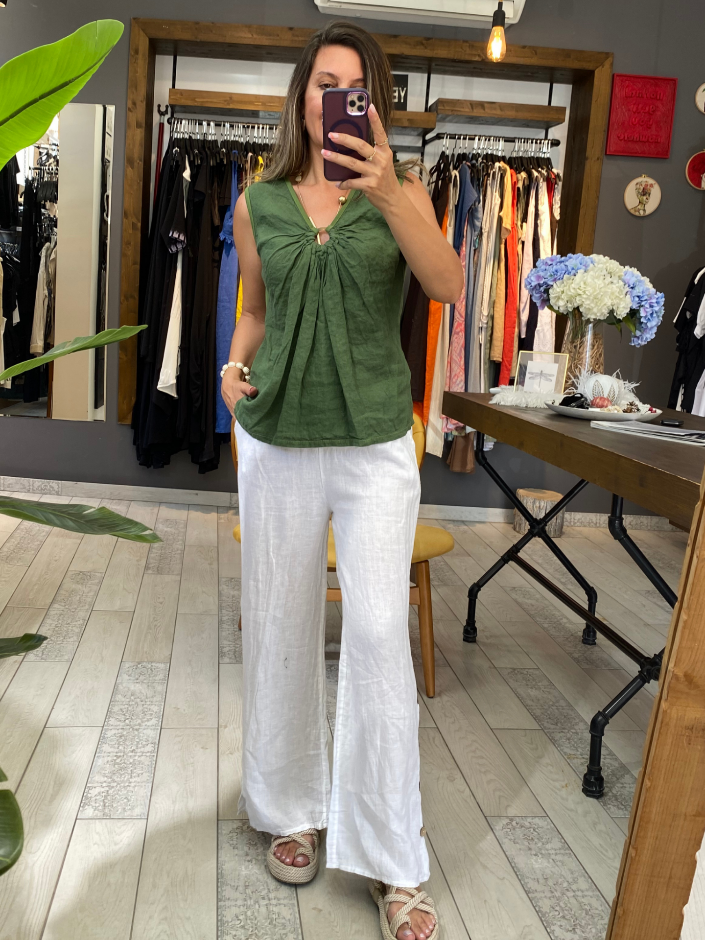 Düğme Detaylı Keten Pantolon (beyaz)