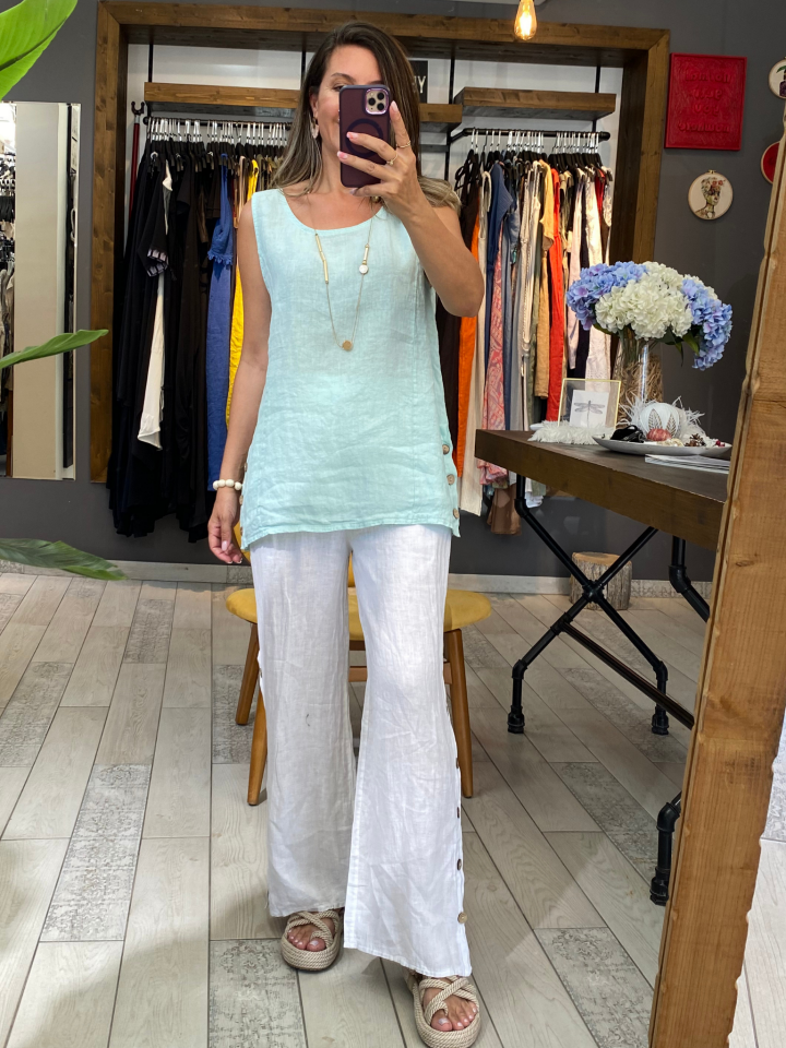 Düğme Detaylı Keten Pantolon (beyaz)