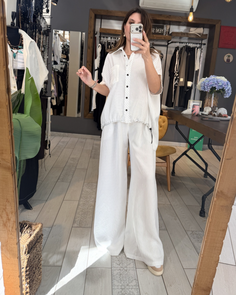 Natalie Çizgili Palazzo Pantolon (beyaz)