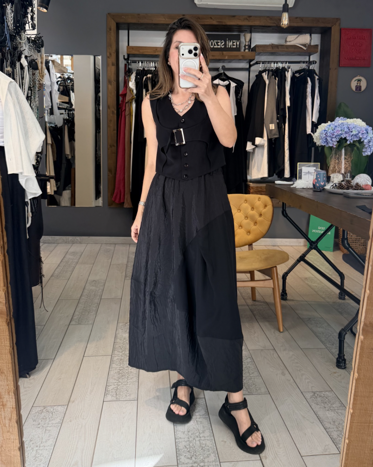 Carly Paraşüt Kumaş Mixli Etek (siyah)