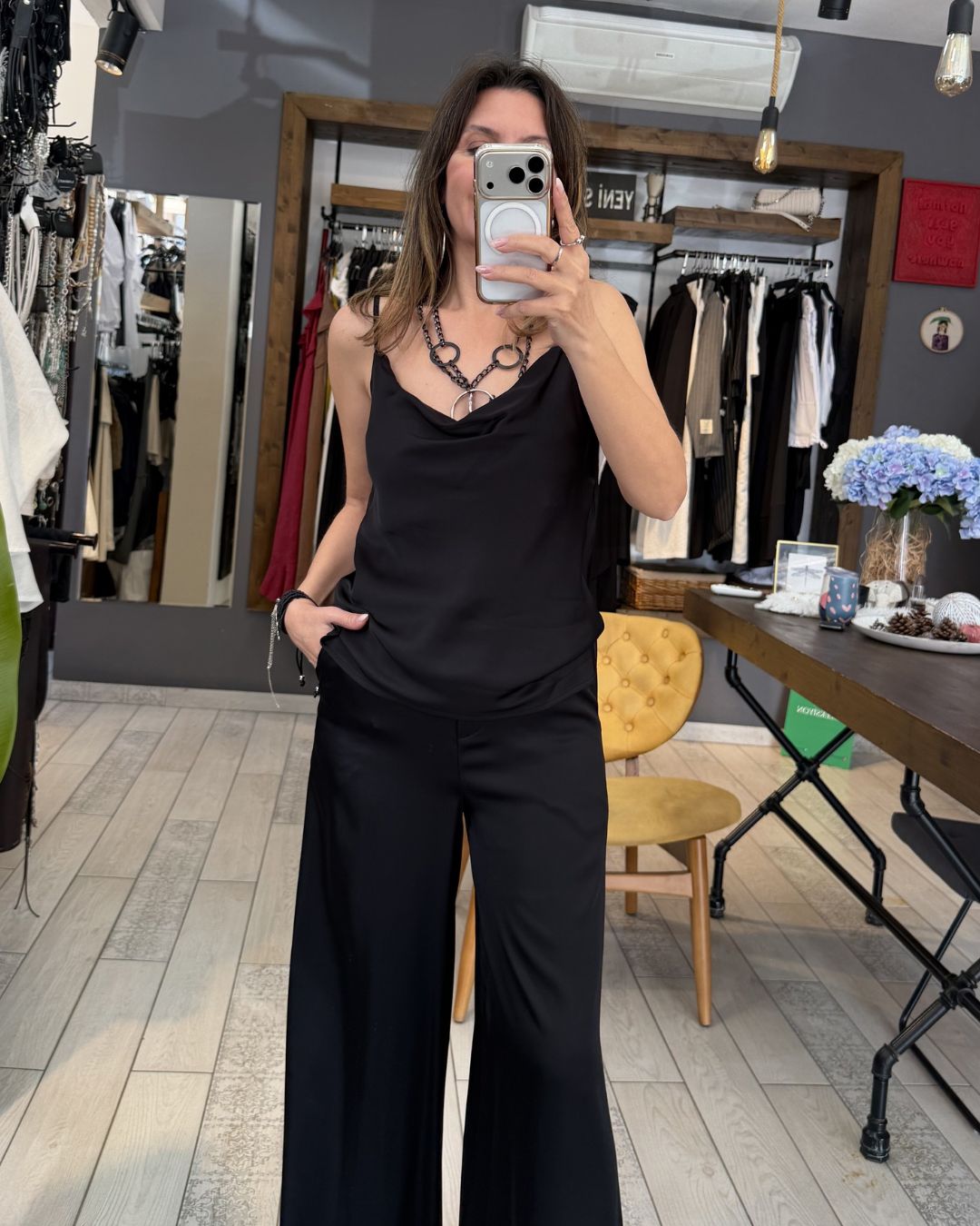 İp Askılı Saten Bluz (siyah)