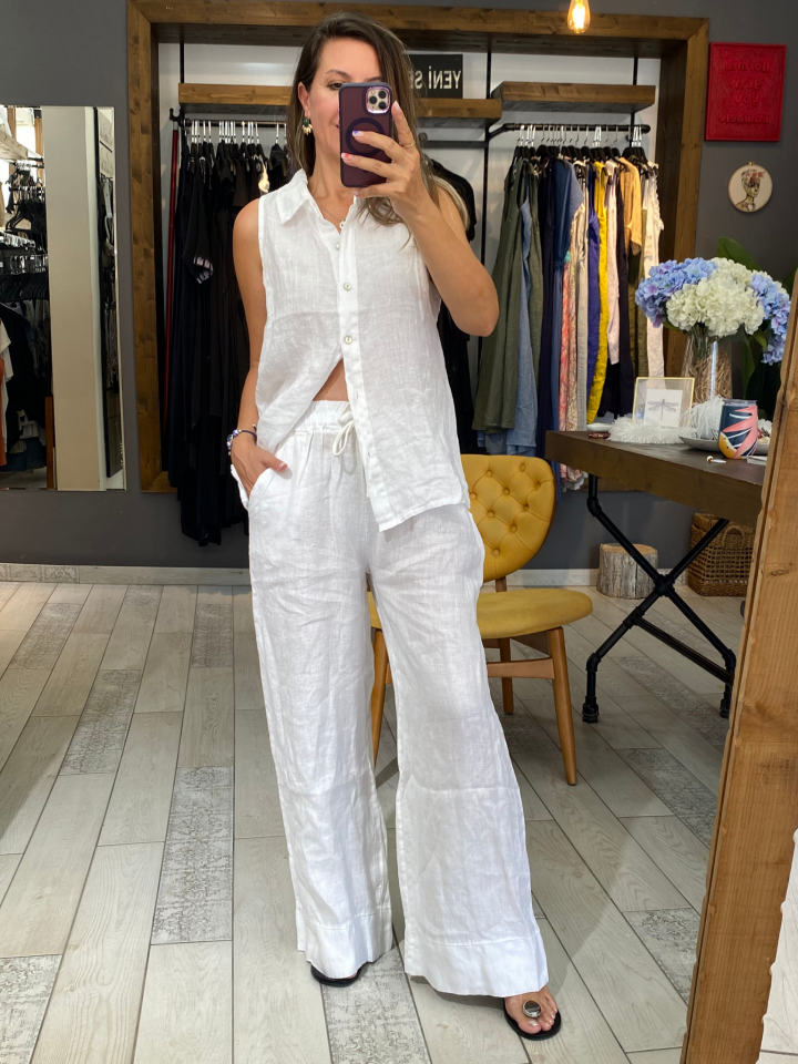Beli Lastikli Keten Pantolon (beyaz)