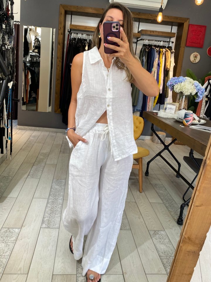 Beli Lastikli Keten Pantolon (beyaz)