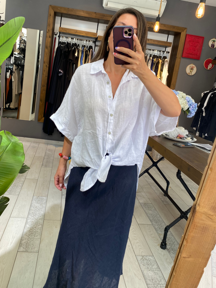 Arkası Uzun  Bağlamalı Keten Gömlek (beyaz)