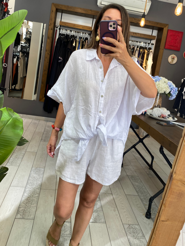 Arkası Uzun  Bağlamalı Keten Gömlek (beyaz)