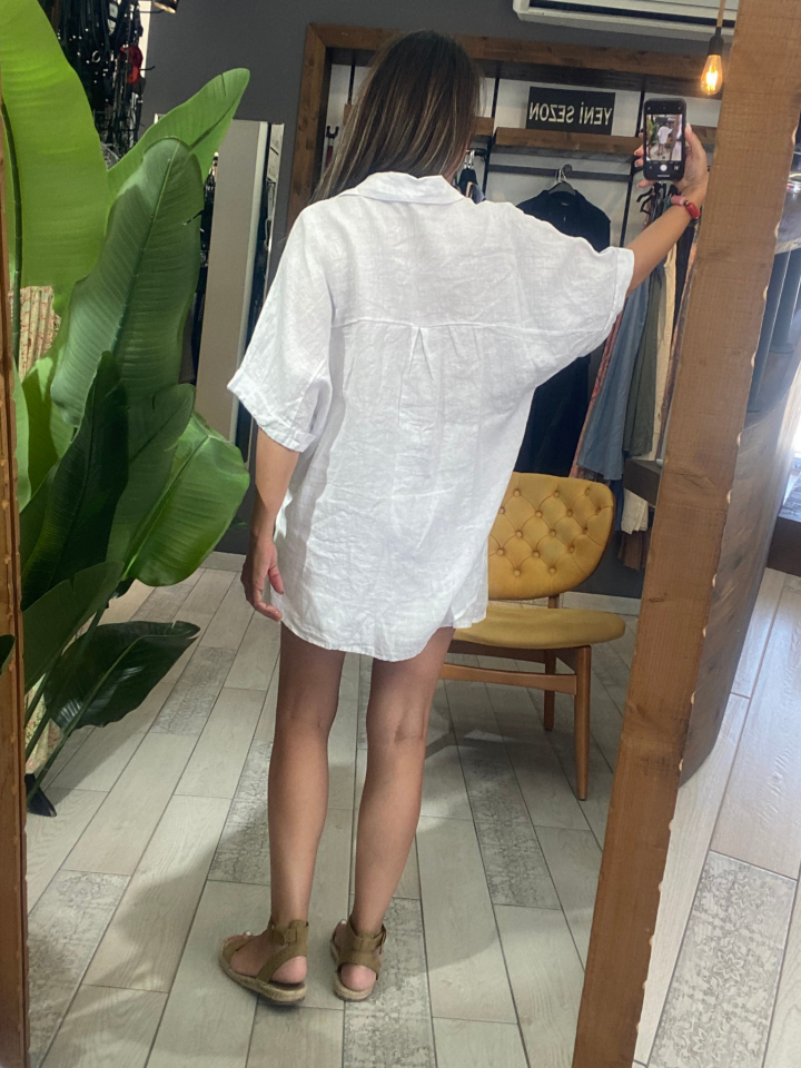 Arkası Uzun  Bağlamalı Keten Gömlek (beyaz)