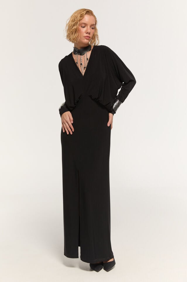 Celine Yırtmaçlı Elbise (siyah)