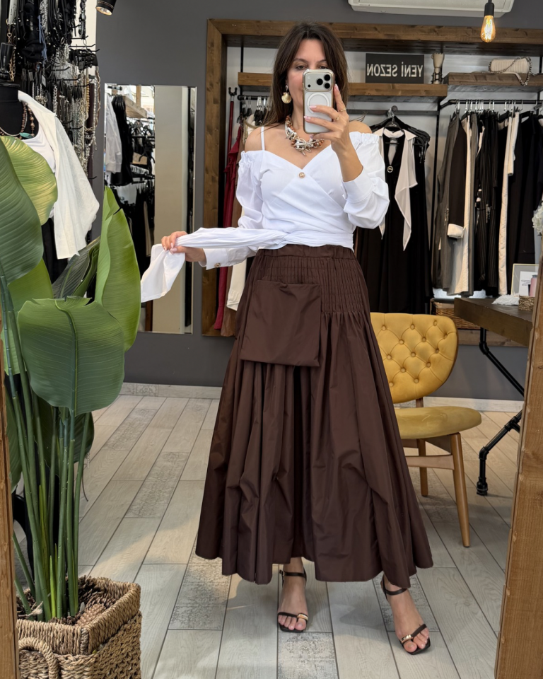 Candy Toplamalı Paraşüt Etek ( Kahve)