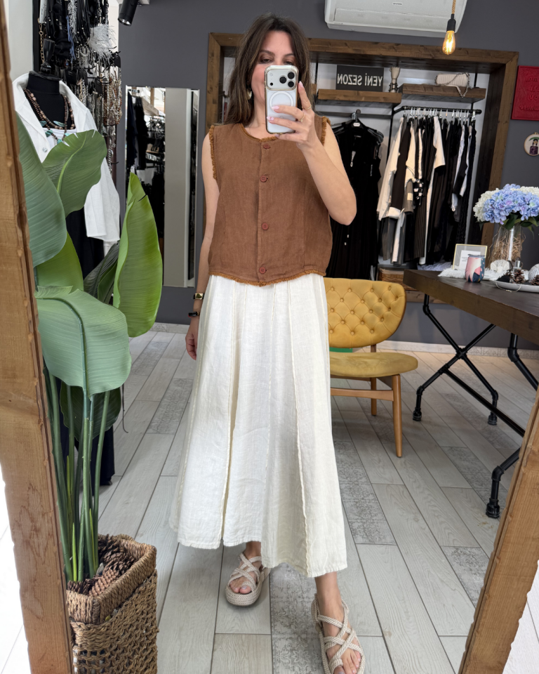 Derin Kup Dikişli Keten Etek (krem)