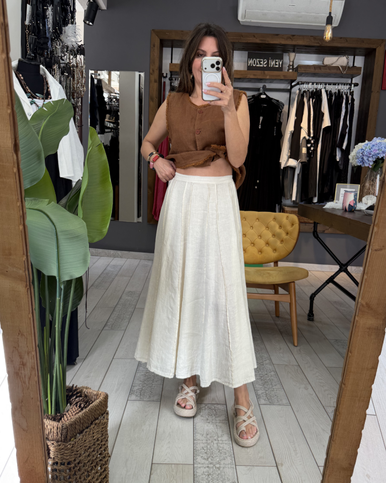 Derin Kup Dikişli Keten Etek (krem)