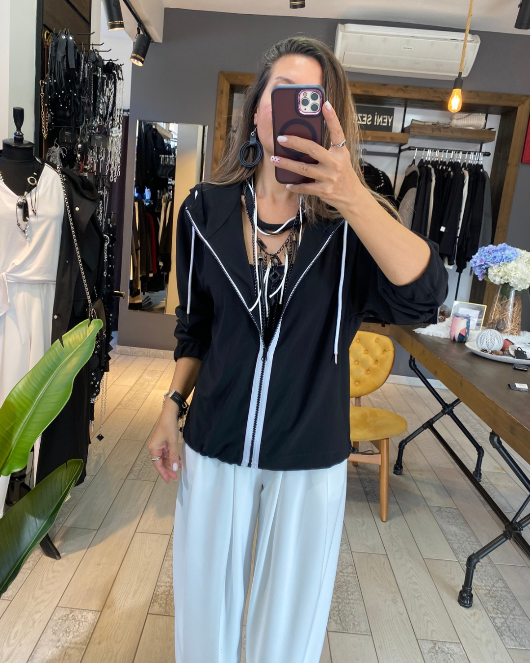 Scali Kapüşonlu ve Fermuarlı Bluz/Ceket (siyah)