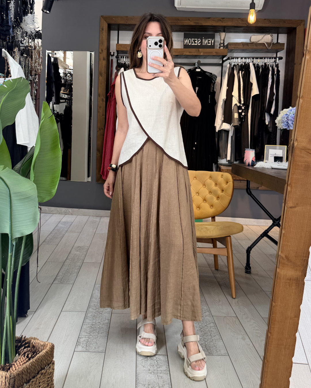 Derin Kup Dikişli Keten Etek (vizon)