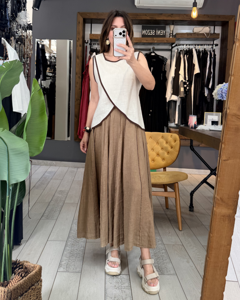 Derin Kup Dikişli Keten Etek (vizon)