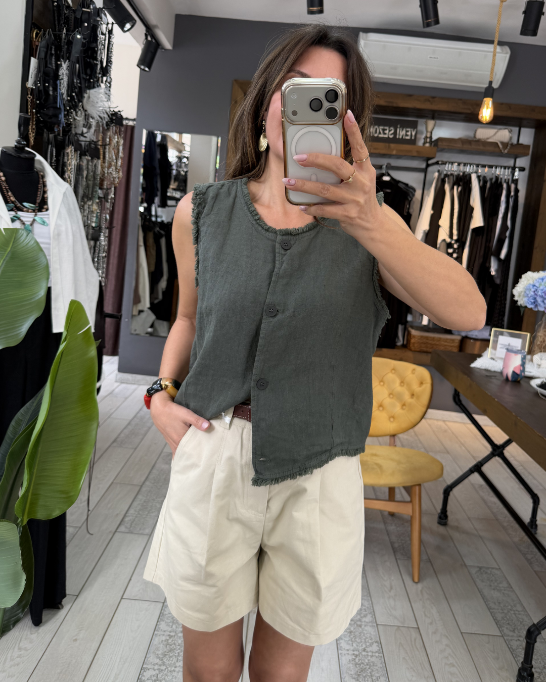 Beliz Keten Bluz/Yelek (haki)