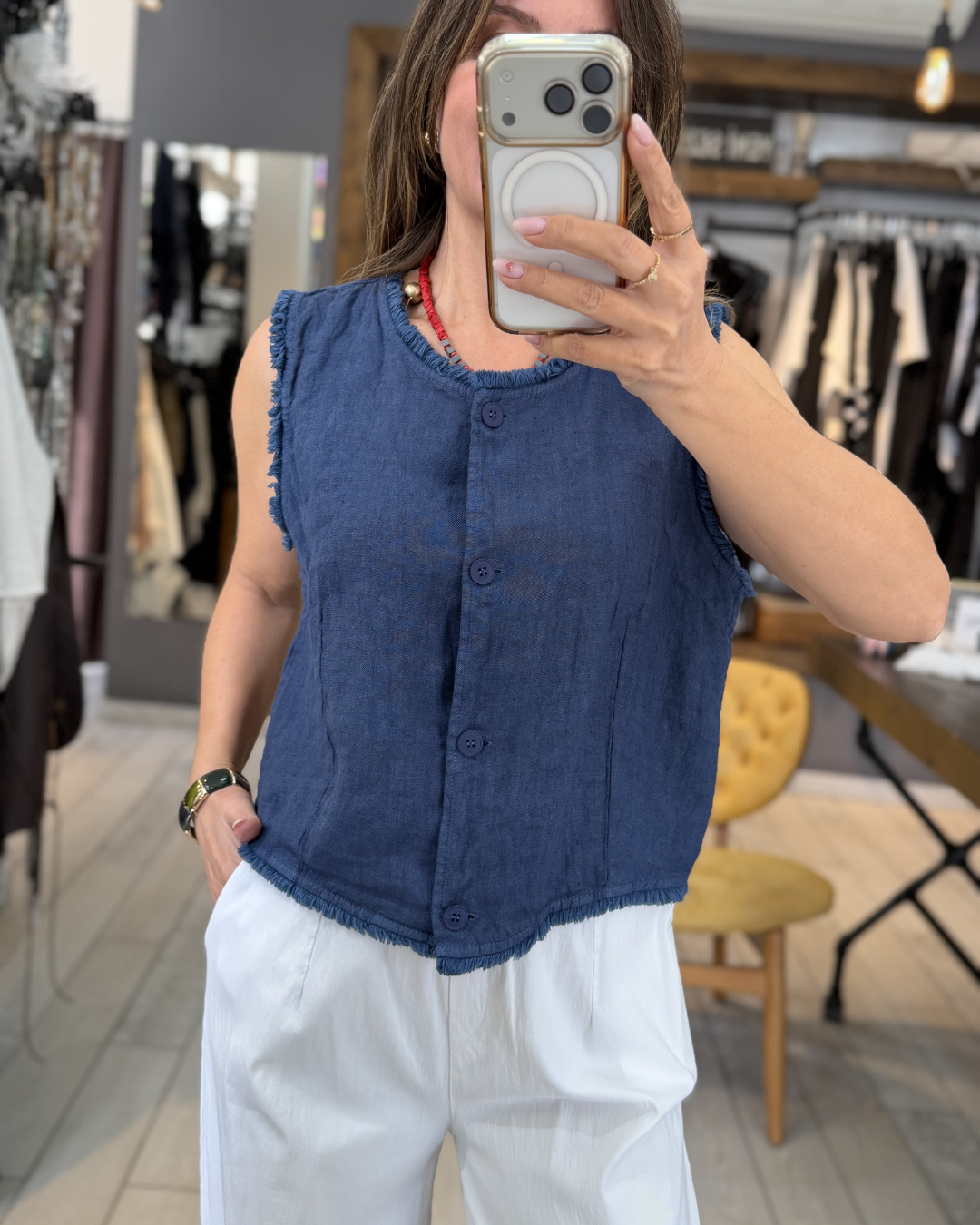 Beliz Keten Bluz/Yelek (lacivert)