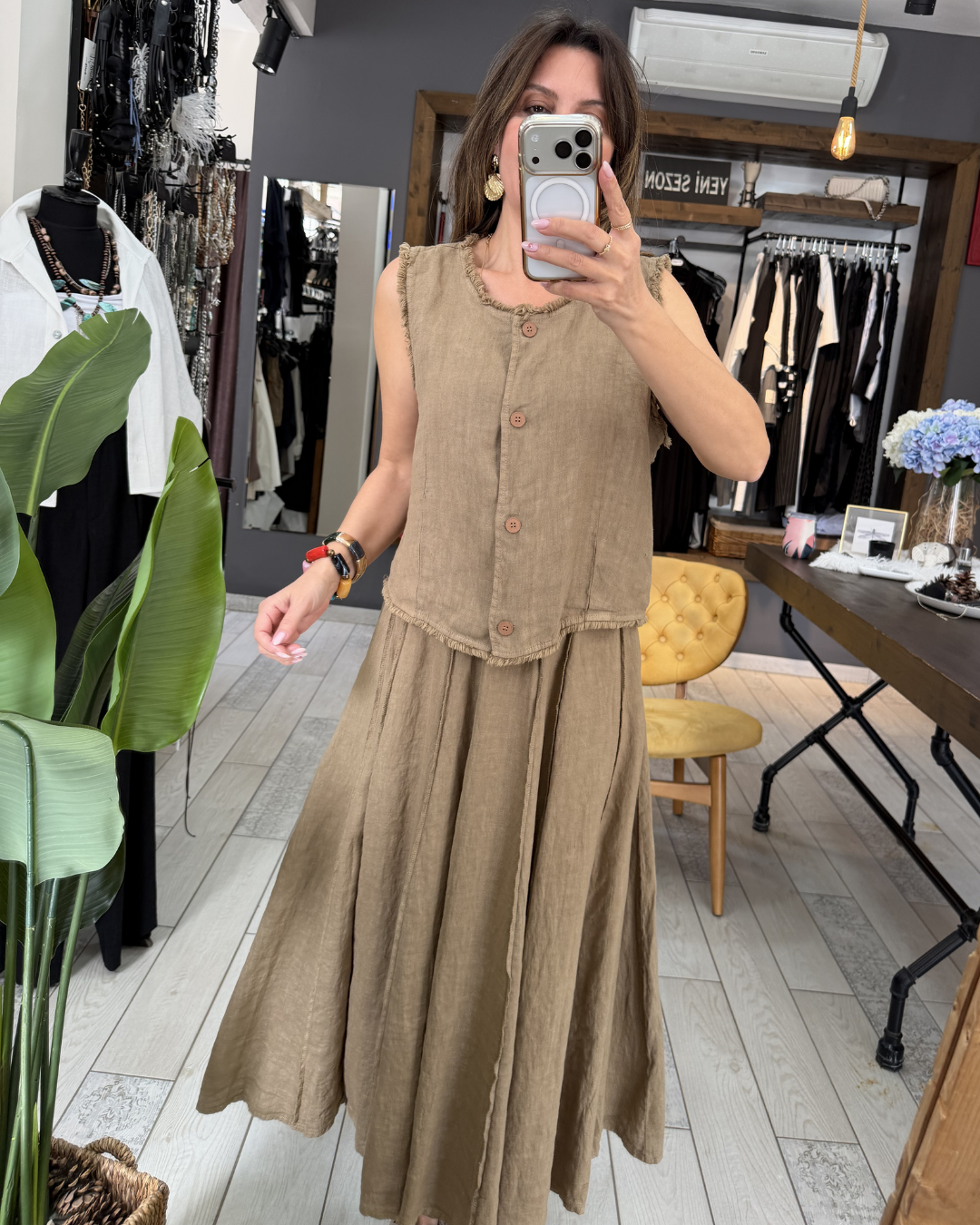 Beliz Keten Bluz/Yelek (vizon)