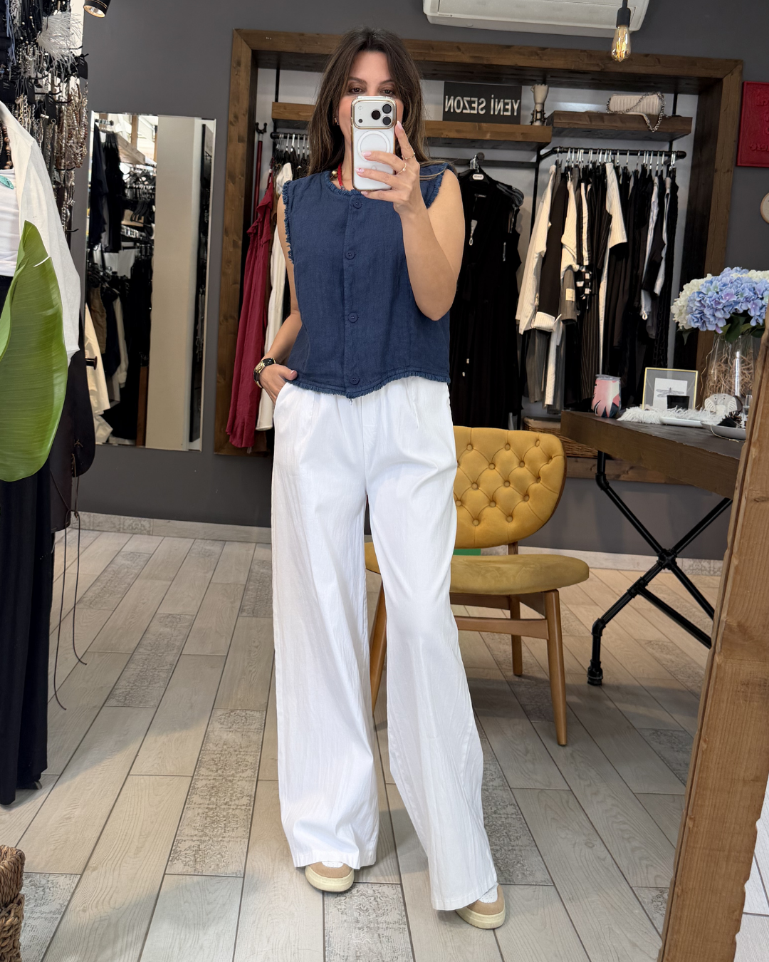 Likralı Bol Paça Pantolon(beyaz)