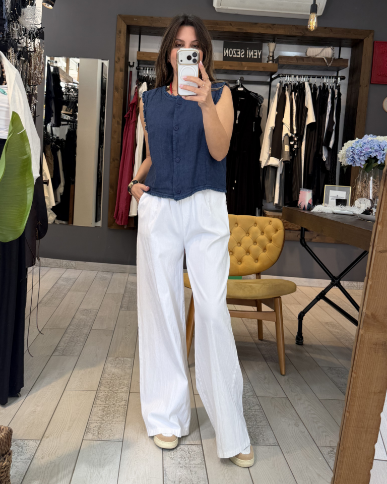 Likralı Bol Paça Pantolon(beyaz)