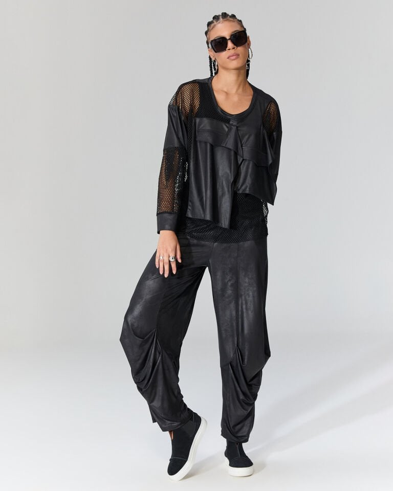 Nova Önü Deri Detaylı Fileli Bluz (Siyah)