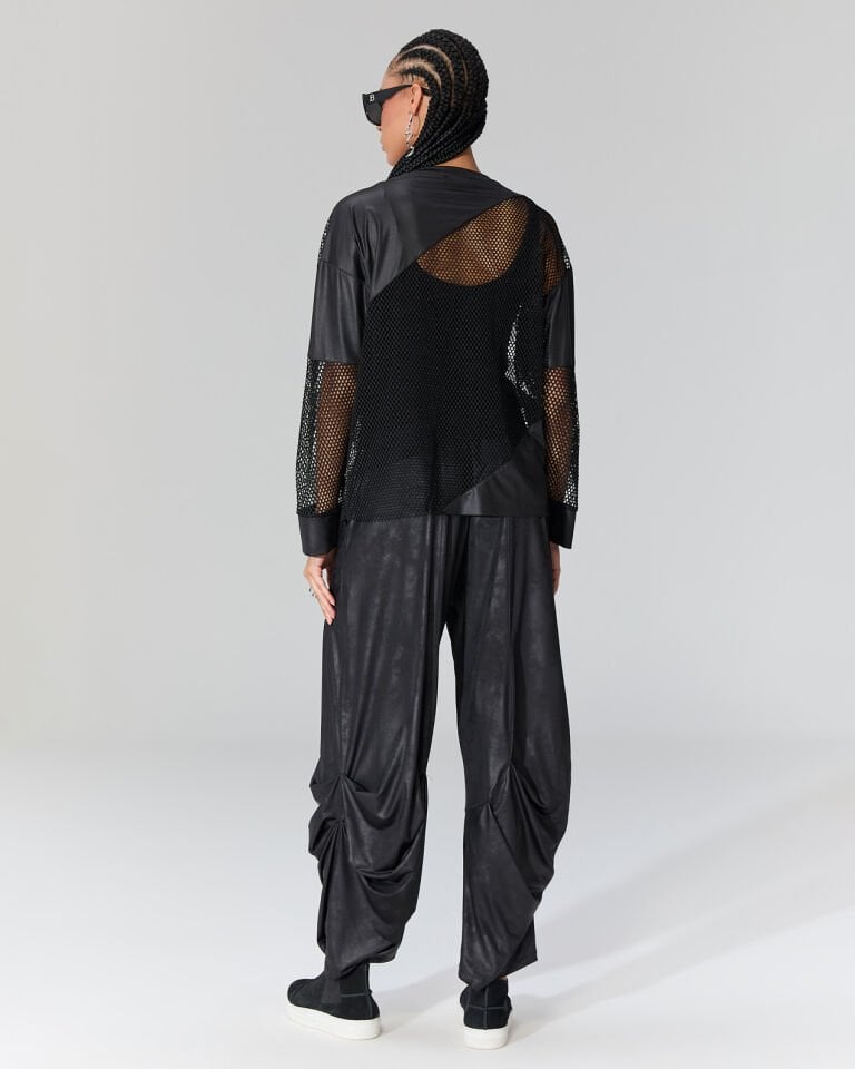 Nova Önü Deri Detaylı Fileli Bluz (Siyah)