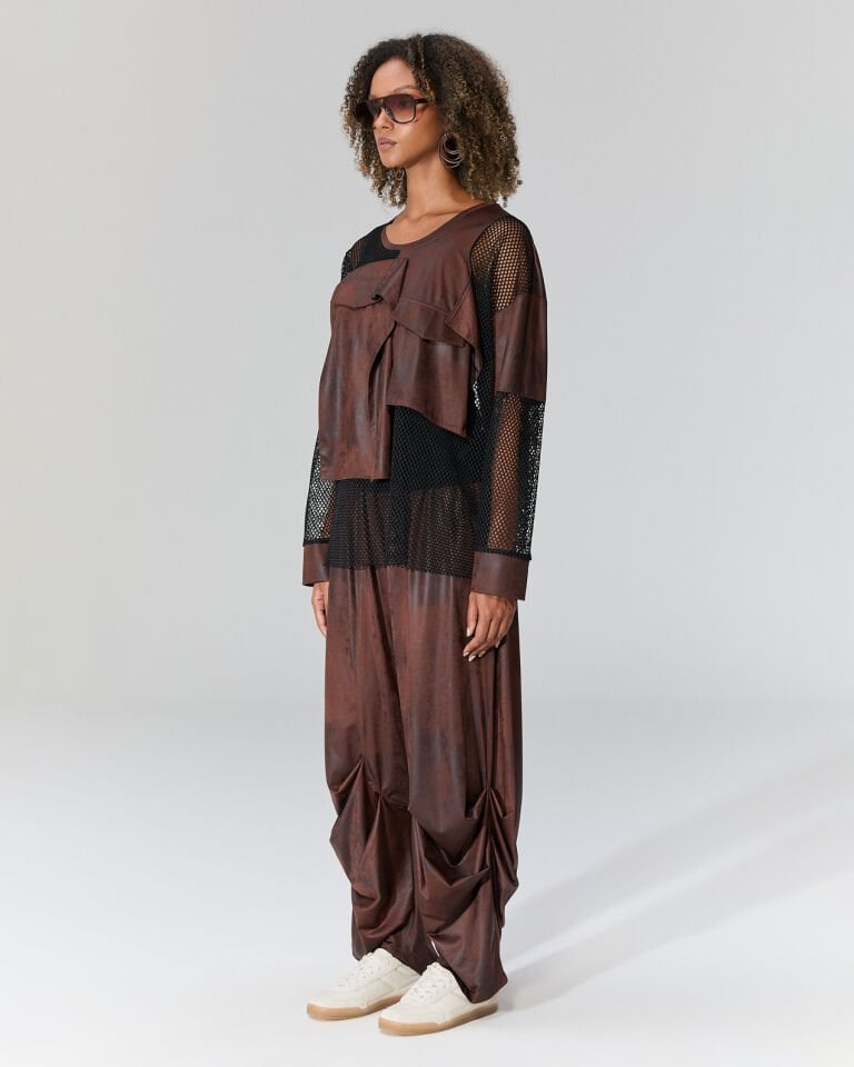 Nova Önü Deri Detaylı Fileli Bluz (Kahve)