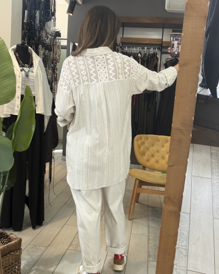 Çizgili Dantel Detaylı Gömlek